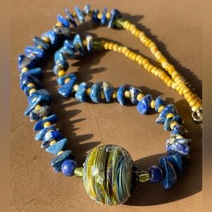 Handmade Lampwork Glass Pendant Lapis Lazuli Beaded Necklace